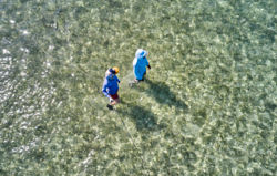 Two anglers, seen from above, walk in shallow ocean water.