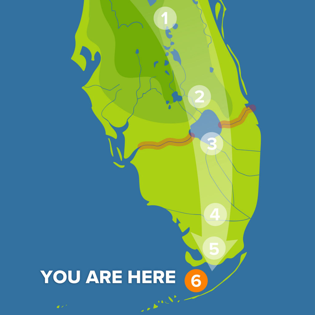 A map of the Everglades Watershed with Shingle Creek, Kissimmee River, Lake Okeechobee, Tamiami Trail Bridges, Everglades National Park, and Florida Bay
