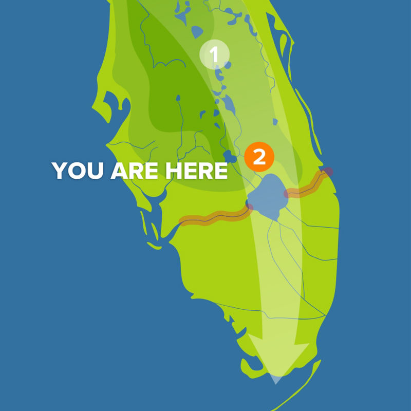 A map of the Everglades Watershed with Kissimmee River marked on the map with an orange circle just north of Lake Okeechobee