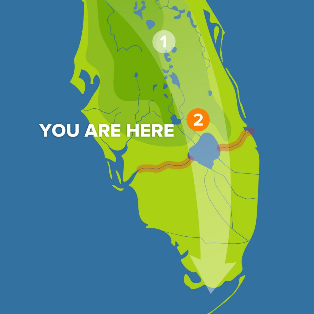 A map of the Everglades Watershed with Kissimmee River marked on the map with an orange circle just north of Lake Okeechobee