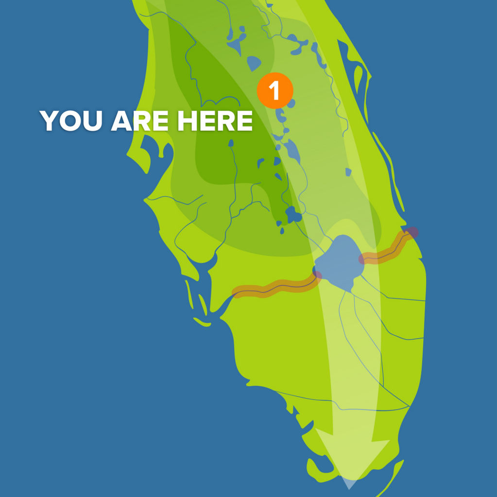 A simple map of southern Florida with You Are Here marked at Shingle Creek