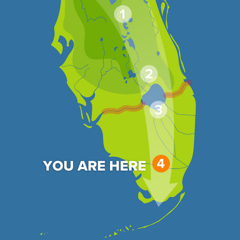 A map of the Everglades Watershed with Tamiami Trail Bridges marked with an orange circle near the tip