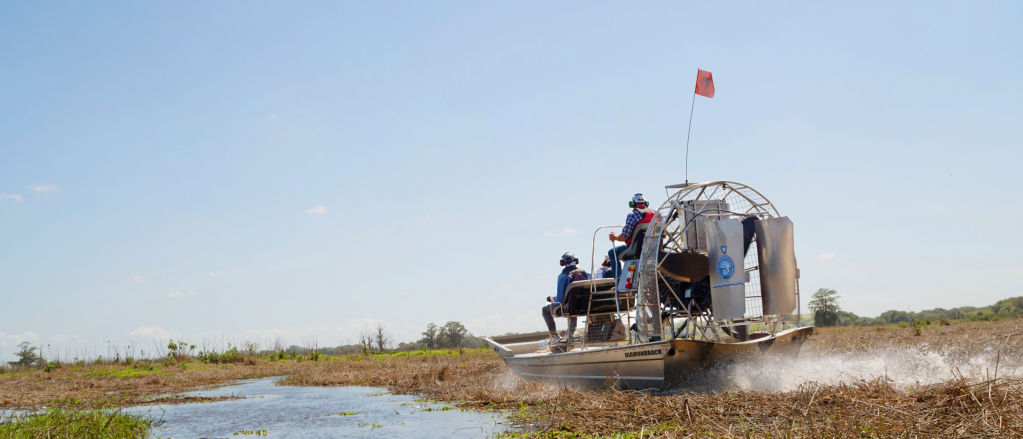 Several people navigate Kissimee River shallows in an airboat