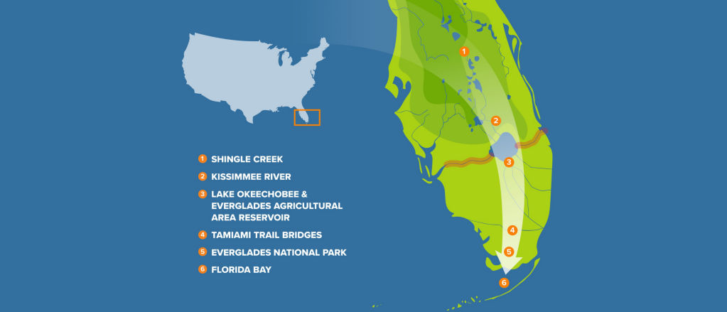 A map of the Everglades Watershed with Shingle Creek, Kissimmee River, Lake Okeechobee, Tamiami Trail Bridges, Everglades National Park, and Florida Bay marked on the map