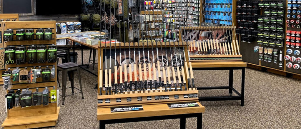 Fishing rod and product display inside an Orvis retail Store