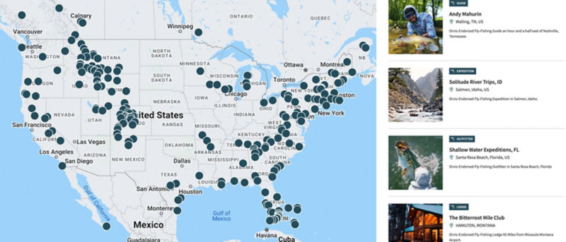 Map of United States with pins indicating locations of Orvis Trips & Schools