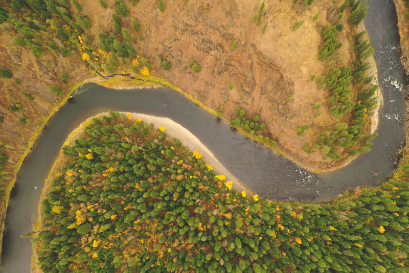 Bird's eye view of a winding river in Oregon.