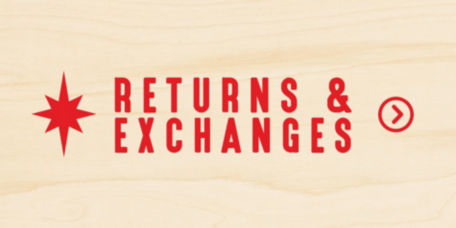 Returns & Exchanges in red letters on a wooden background.