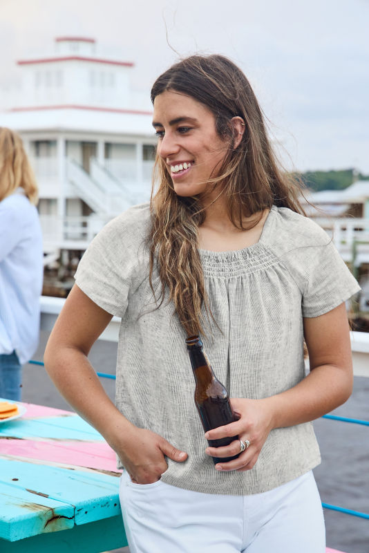 Performance Linen Square-Neck Short-Sleeved Top - INDIGO NATURAL STRIPE image number 1