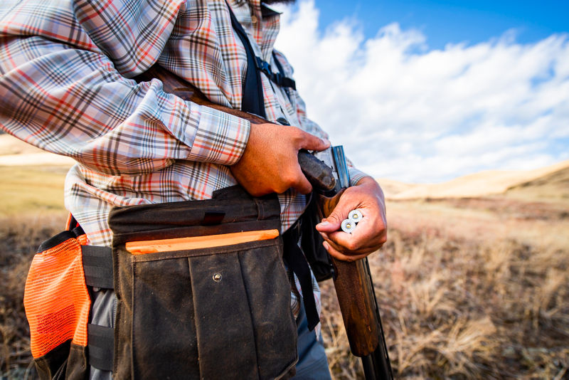 A hunter takes two shotgun shells out of their vest.