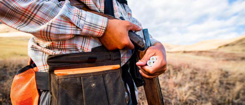 A hunter takes two shotgun shells out of their vest.