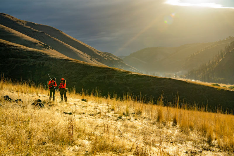 Two hunters stand in a field of golden grasses with gently rolling mountains behind them.