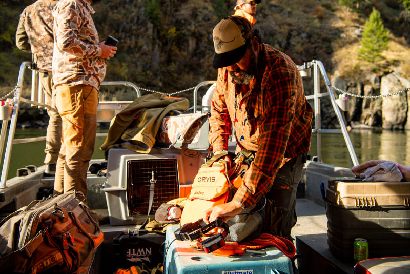 Wingshooters gather on a small boat with their dogs.