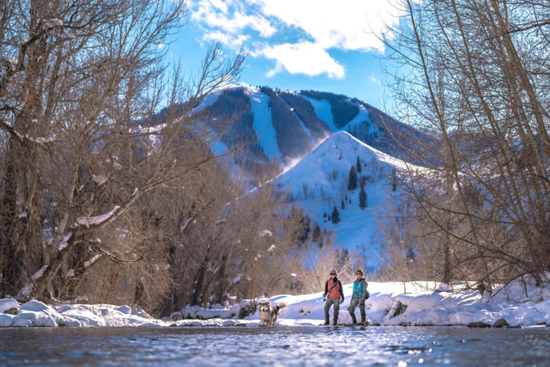 Two anglers and their dog survey a lake from the shore, with a snowy ski mountain in the background