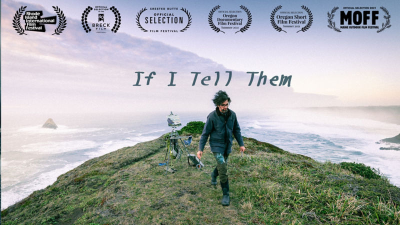 "If I Tell Them" movie title in hand-drawn letters shown above an image of a painter walking away from the easel they've set up on a grassy cliff, above the ocean.