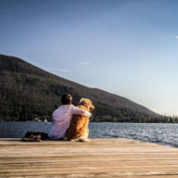 Someone sitting at the end of a dock snuggling with their dog