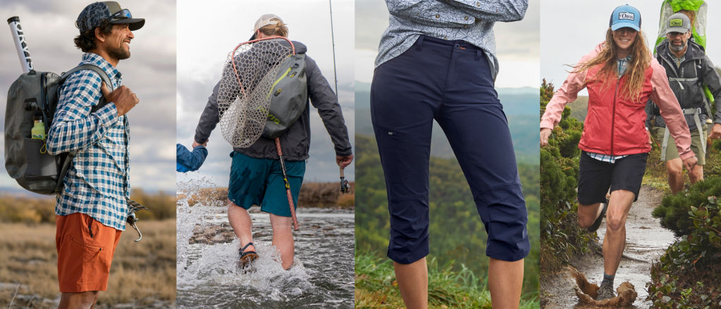 A composite of four images of men and women wearing shorts while being active outdoors