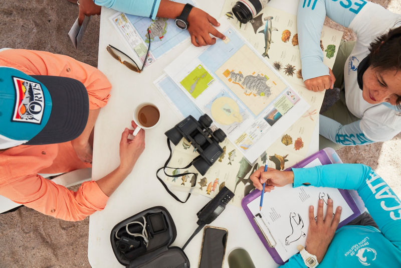 An image from the angle of the ceiling of two people working at a white table with papers and coffee cups spread over it.
