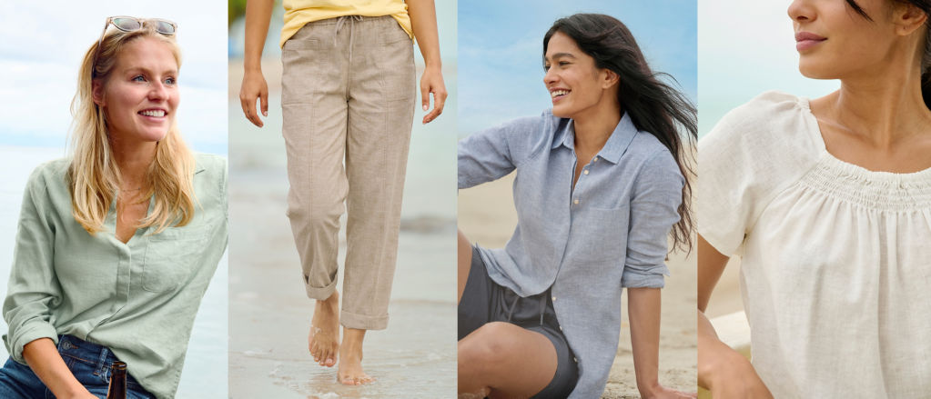 A four image collage of women wearing linen shirts and pants in the outdoors.
