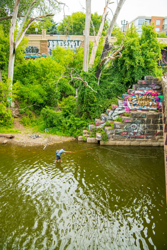 An angler wading in knee-deep wader, casts.