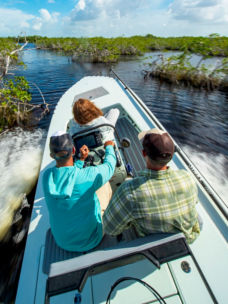 Three people speed through the Everglades in a tiny motorboat