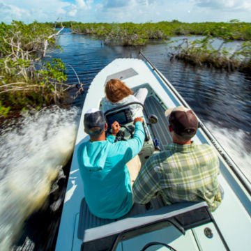 A group of travelers sail along the marshes in a speedboat.