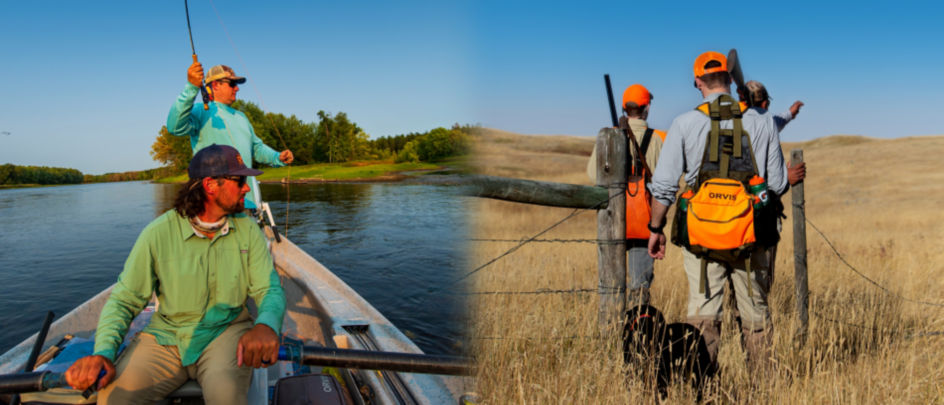 An image of two anglers on a boat blended with an image of three hunters in the field.