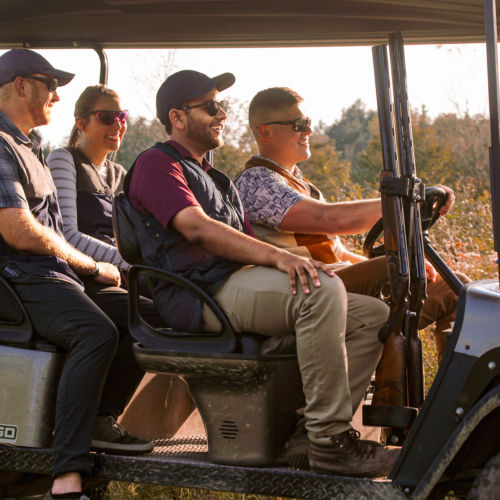 A group of people in a golf cart wind through fields