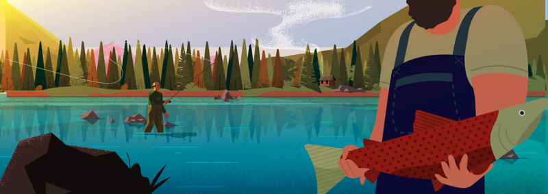 Illustrated image of fishermen catching salmon in Bristol Bay.