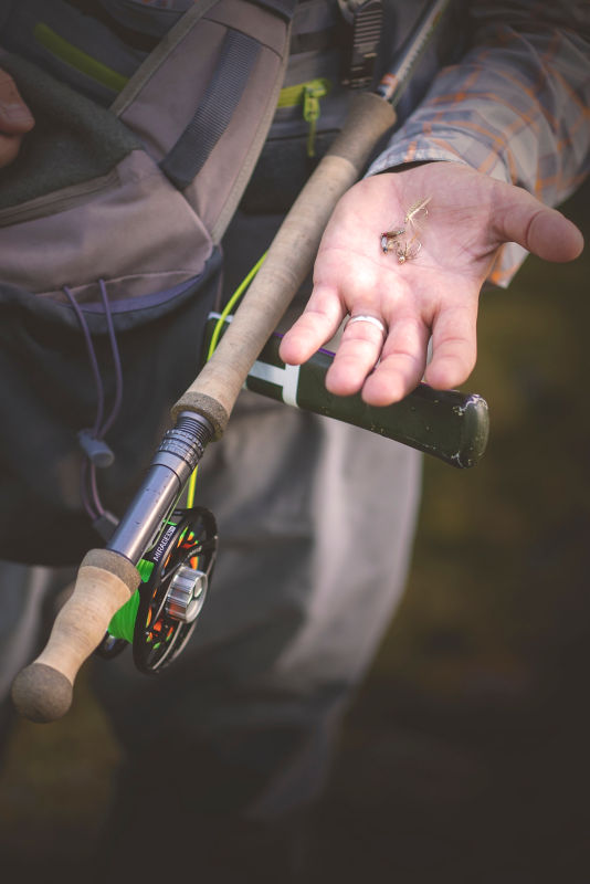 Man holding flies and a spey rod.