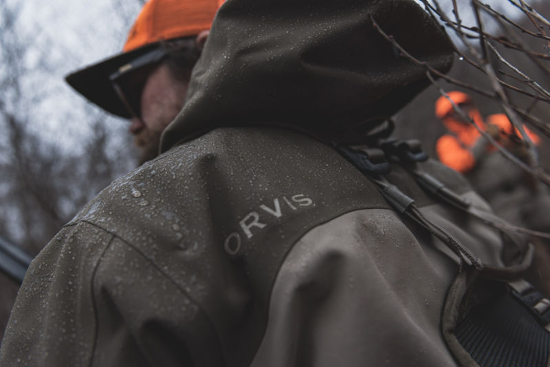 A close up of water beaded on a ToughShell Hunting jacket 