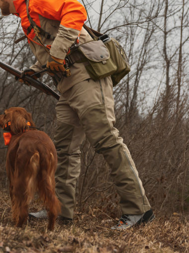 A hunter directs his dog in heavy brush.