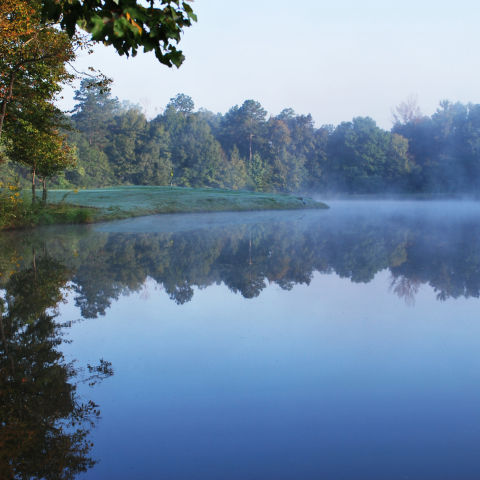 The mist rises off a lake on a quiet morning