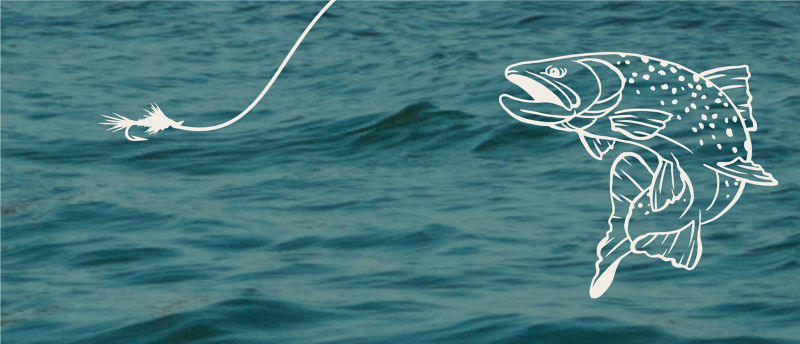 A vector drawing of a trout jumping and a fishing line with fly over a blue watery background.