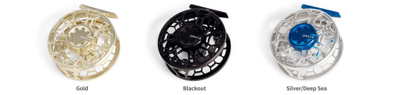 Three Ratio reels lined up iside by side n gold, black, and silver with blue.