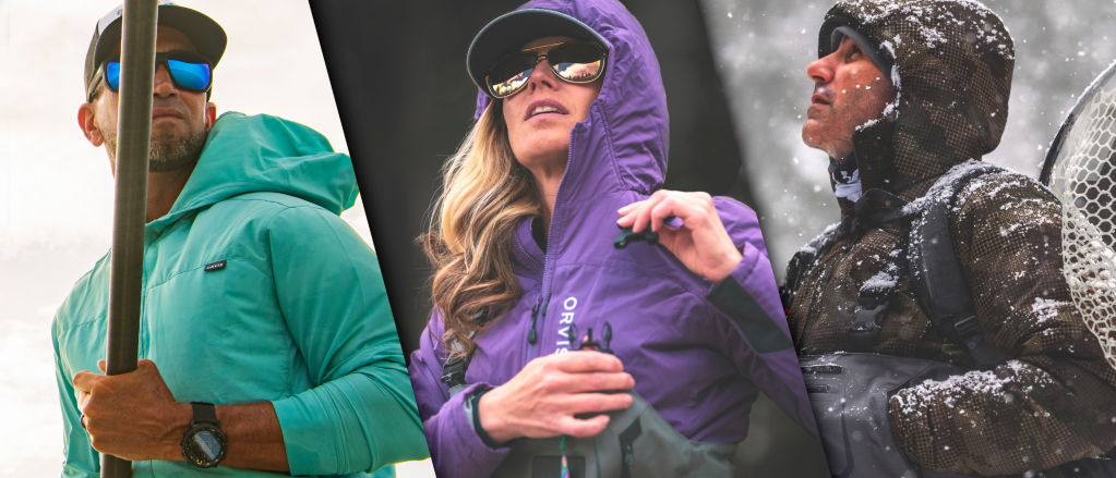 Three anglers shown wearing PRO gear in different seasonal conditions – from hot weather to snowfall