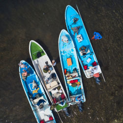 Am aerial shot of 4 colorful boats resting in ocean waters
