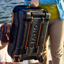 A close up of durable, black, Orvis luggage