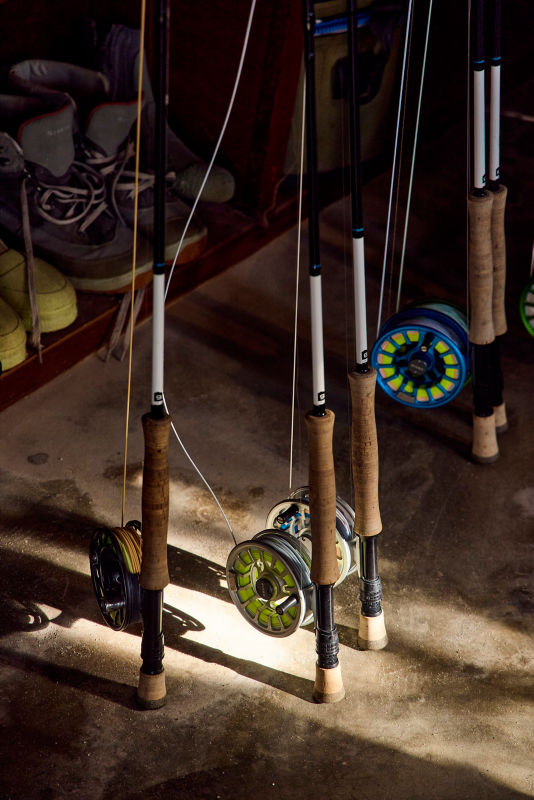 Rods and reels propped up in a darkened room.
