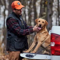 A man petting a dog sitting in the back of a white pickup truck.