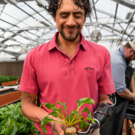 A man wearing a faded red polo shows off a radish in a greenhouse.