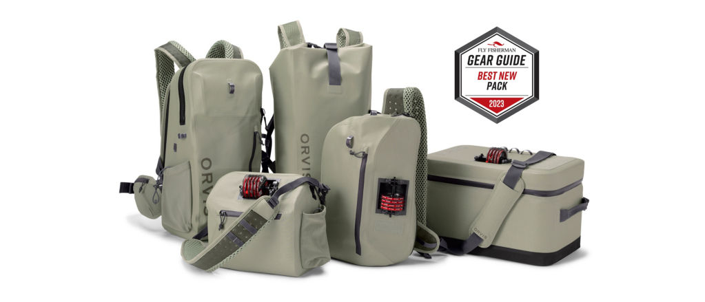 A collection of waterproof packs in a variety of shapes and sizes with an award for Best New Pack 2023 from Fly Fisherman's Gear Guide