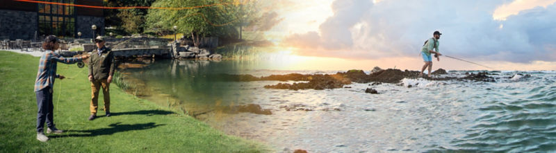 A two image collage of an instructor teaching a student to cast and an angler fishing at the beach.