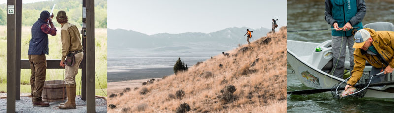 A split image of a crowd of people on 4 boats in the salt flats and an image of a person shooting from a stand while an instructor watches.