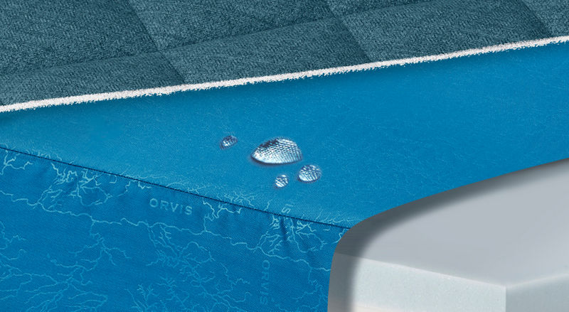 A close up shot of a blue liner inside a dog bed showing water resistance.