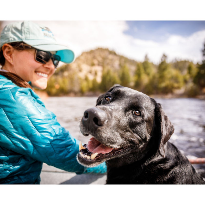 Madeline sitting by a lake with a black lab looking back at the camera.