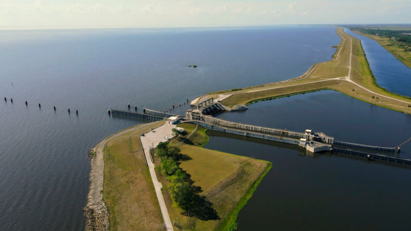 A bird's eye view of Port Mayaca Lock and Dam on Lake Okeechobee.
