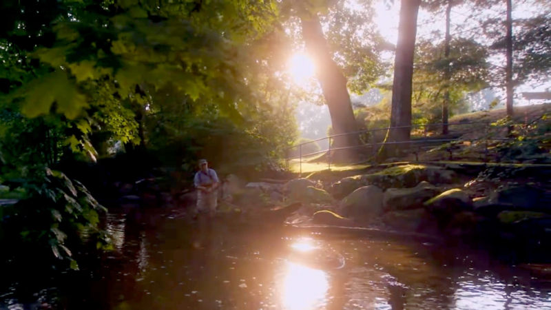  The late day sun shines on a man fishing in a stream with rocky banks.