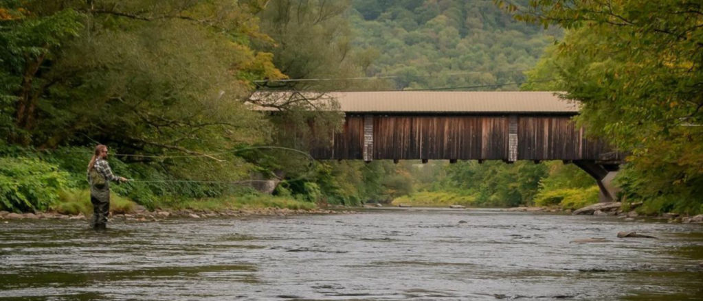 An angler fly fishing in a river by a brown covered bridge.