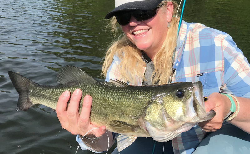 Woman holding largemouth bass.